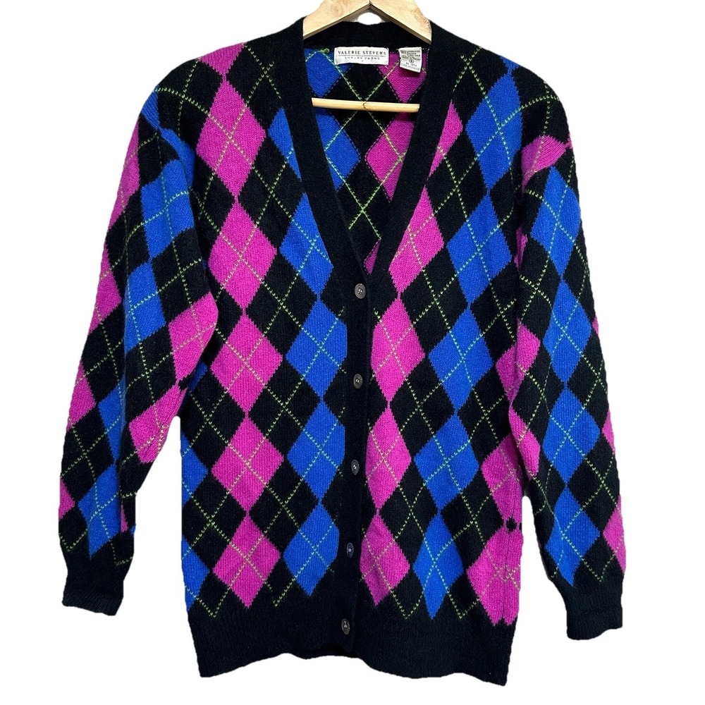 Vintage Valerie Stevens Argyle Cardigan Sweater Womens S Lambswool 80's Retro